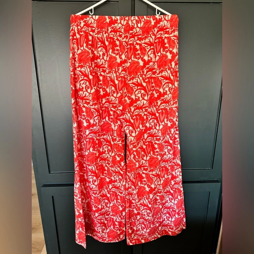 Ro’s Garden NWT Red Cotton Floral Wide Leg Pants Resort Vacation Palazzo ~ Large